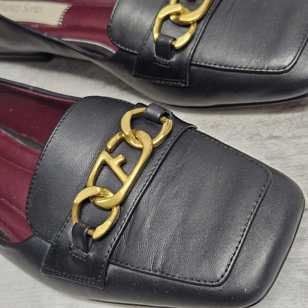 Franco Sarto Tiari Flat Loafers with Gold Chain Detail Size 10 Black Classic - Picture 3 of 10